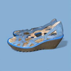 Fly London Yadi Blue Peep-toe Leather Slip on Wedge Sandals 41/10.5-11